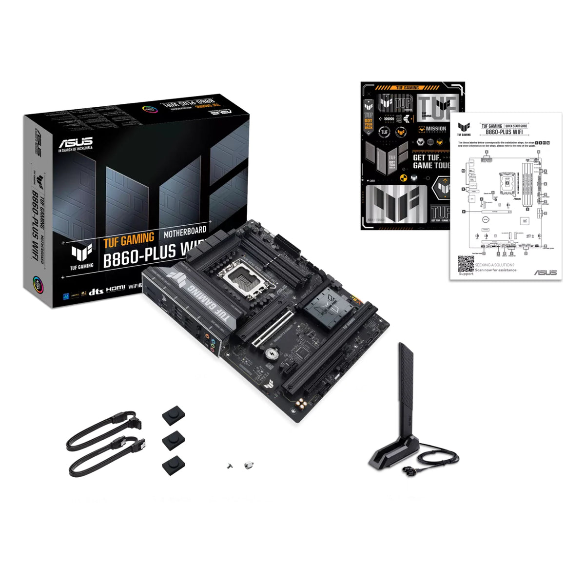 ASUS TUF GAMING B860-PLUS WIFI — vue avec emballage sur fond blanc carré — réf. 90MB1JL0-M0EAY0