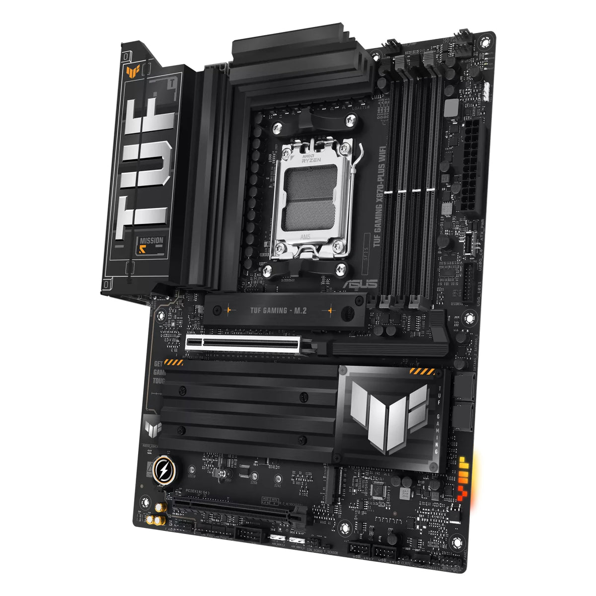 ASUS TUF GAMING X870-PLUS WIFI — vue en perspective à 60 degrés sur fond blanc carré — réf. 90MB1IU0-M0EAY0
