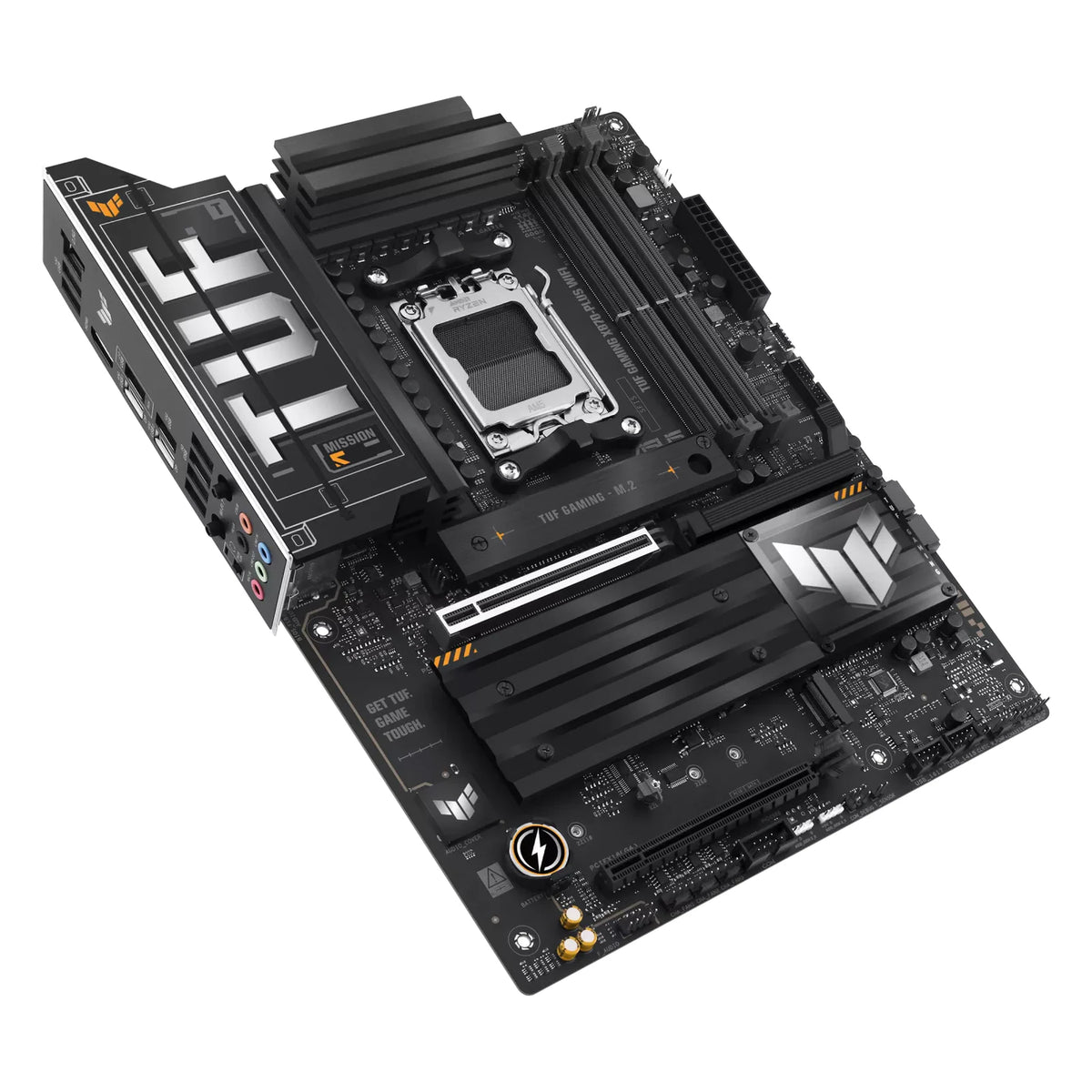 ASUS TUF GAMING X870-PLUS WIFI — vue en perspective à 45 degrés sur fond blanc carré — réf. 90MB1IU0-M0EAY0