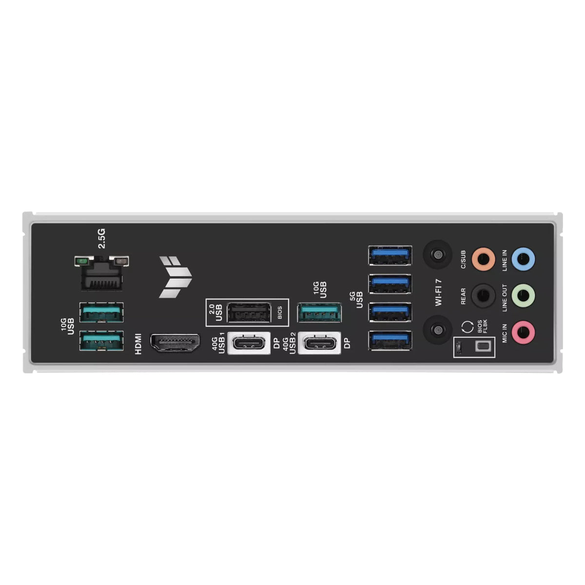 ASUS TUF GAMING X870-PLUS WIFI — connectique arrière sur fond blanc carré — réf. 90MB1IU0-M0EAY0