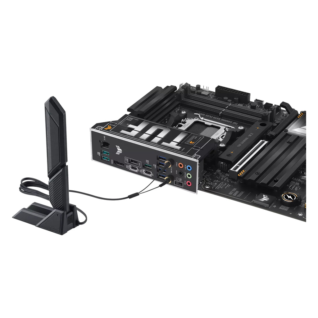 ASUS TUF GAMING X870-PLUS WIFI — vue avec antenne Wi-Fi sur fond blanc carré — réf. 90MB1IU0-M0EAY0