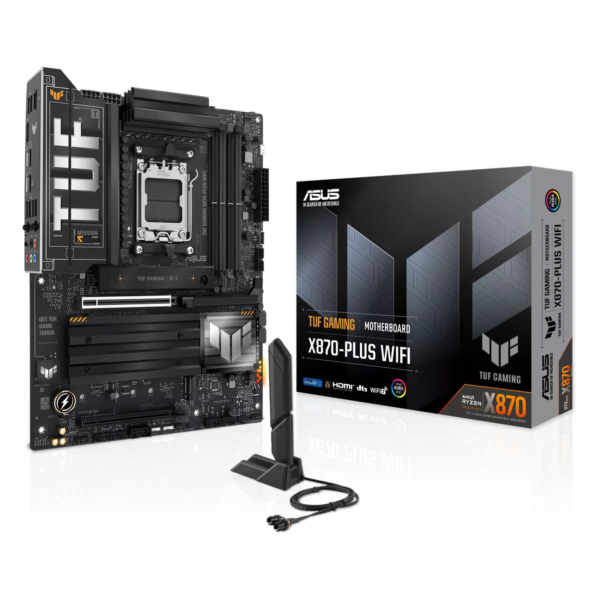 ASUS TUF GAMING X870-PLUS WIFI — vue avec emballage sur fond blanc carré — réf. 90MB1IU0-M0EAY0