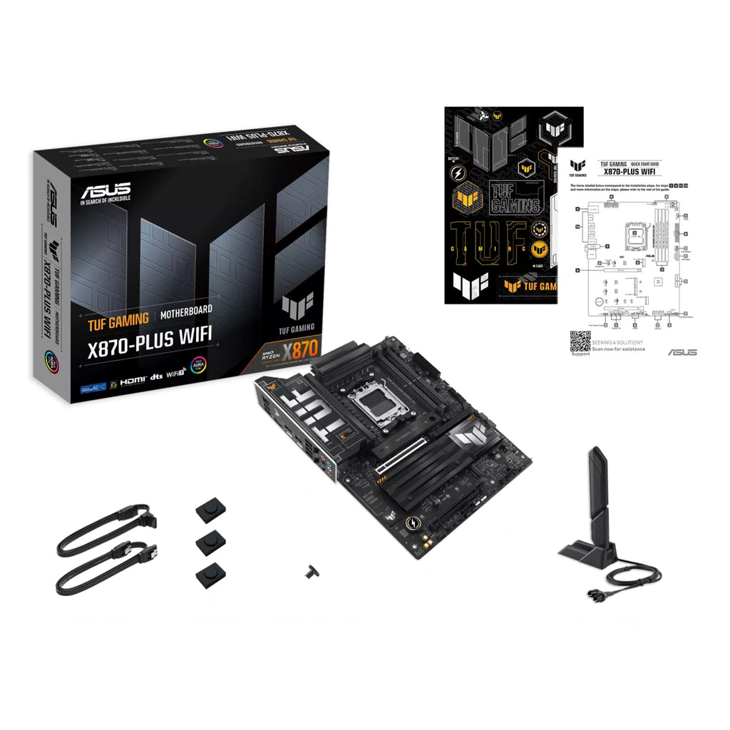 ASUS TUF GAMING X870-PLUS WIFI — vue avec emballage sur fond blanc carré — réf. 90MB1IU0-M0EAY0