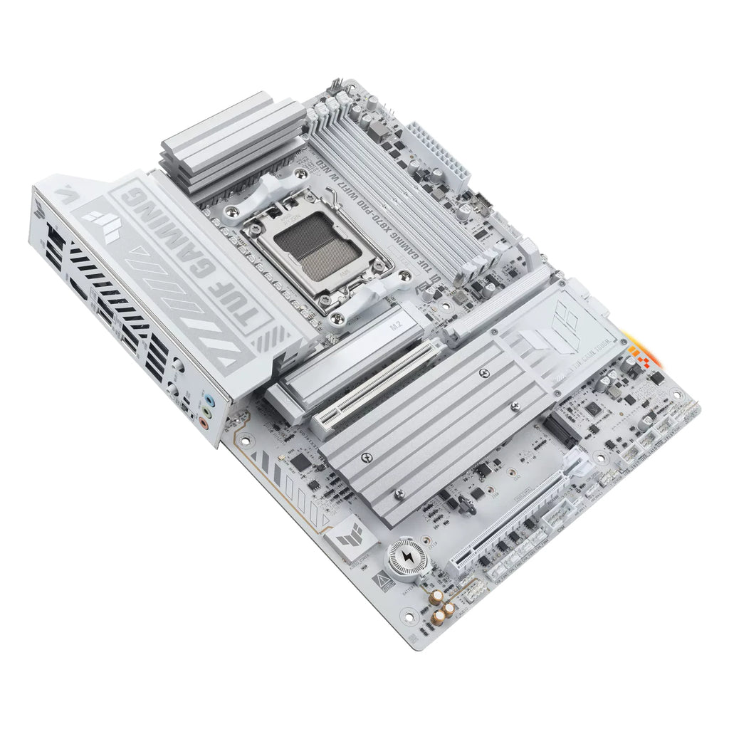 ASUS TUF GAMING X870-PRO WIFI7 W NEO — vue en perspective à 45 degrés sur fond blanc carré — réf. 90MB1NY0-M0EAY0