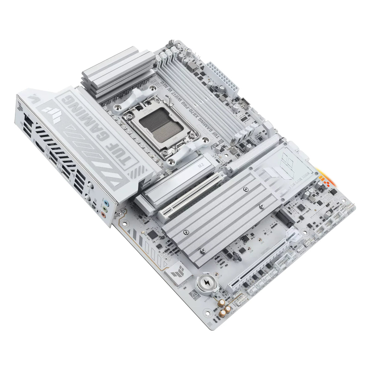 ASUS TUF GAMING X870-PRO WIFI7 W NEO — vue en perspective à 45 degrés sur fond blanc carré — réf. 90MB1NY0-M0EAY0