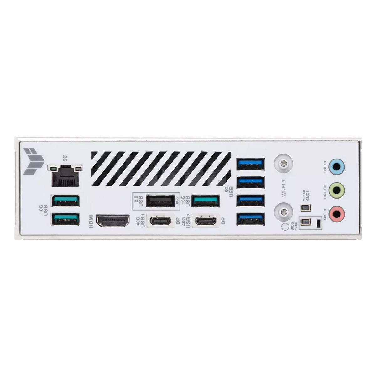 ASUS TUF GAMING X870-PRO WIFI7 W NEO — connectique arrière sur fond blanc carré — réf. 90MB1NY0-M0EAY0