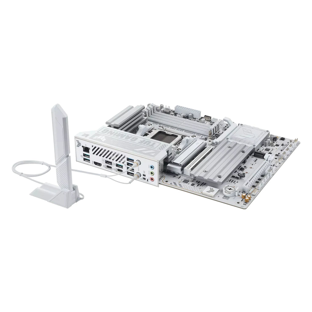 ASUS TUF GAMING X870-PRO WIFI7 W NEO — vue avec antenne Wi-Fi sur fond blanc carré — réf. 90MB1NY0-M0EAY0