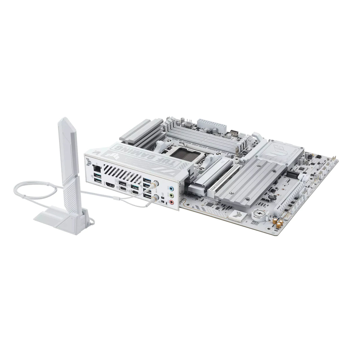 ASUS TUF GAMING X870-PRO WIFI7 W NEO — vue avec antenne Wi-Fi sur fond blanc carré — réf. 90MB1NY0-M0EAY0