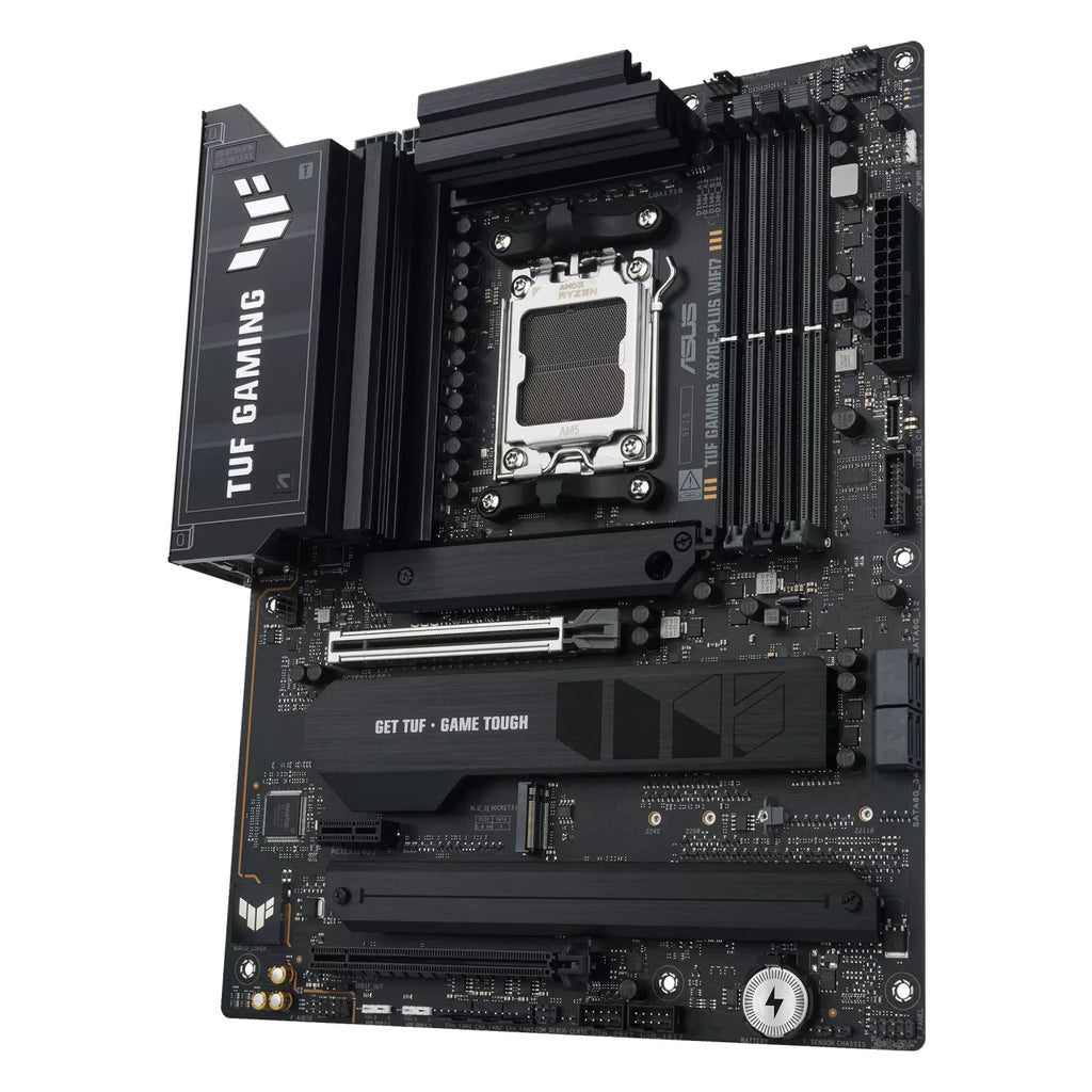 ASUS TUF GAMING X870E-PLUS WIFI7 — vue produit 3 sur fond blanc carré — réf. 90MB1M70-M0EAY0