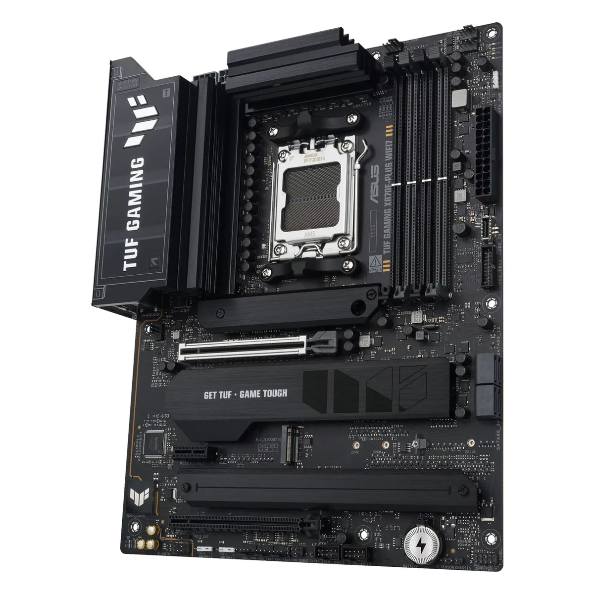 ASUS TUF GAMING X870E-PLUS WIFI7 — vue produit 3 sur fond blanc carré — réf. 90MB1M70-M0EAY0