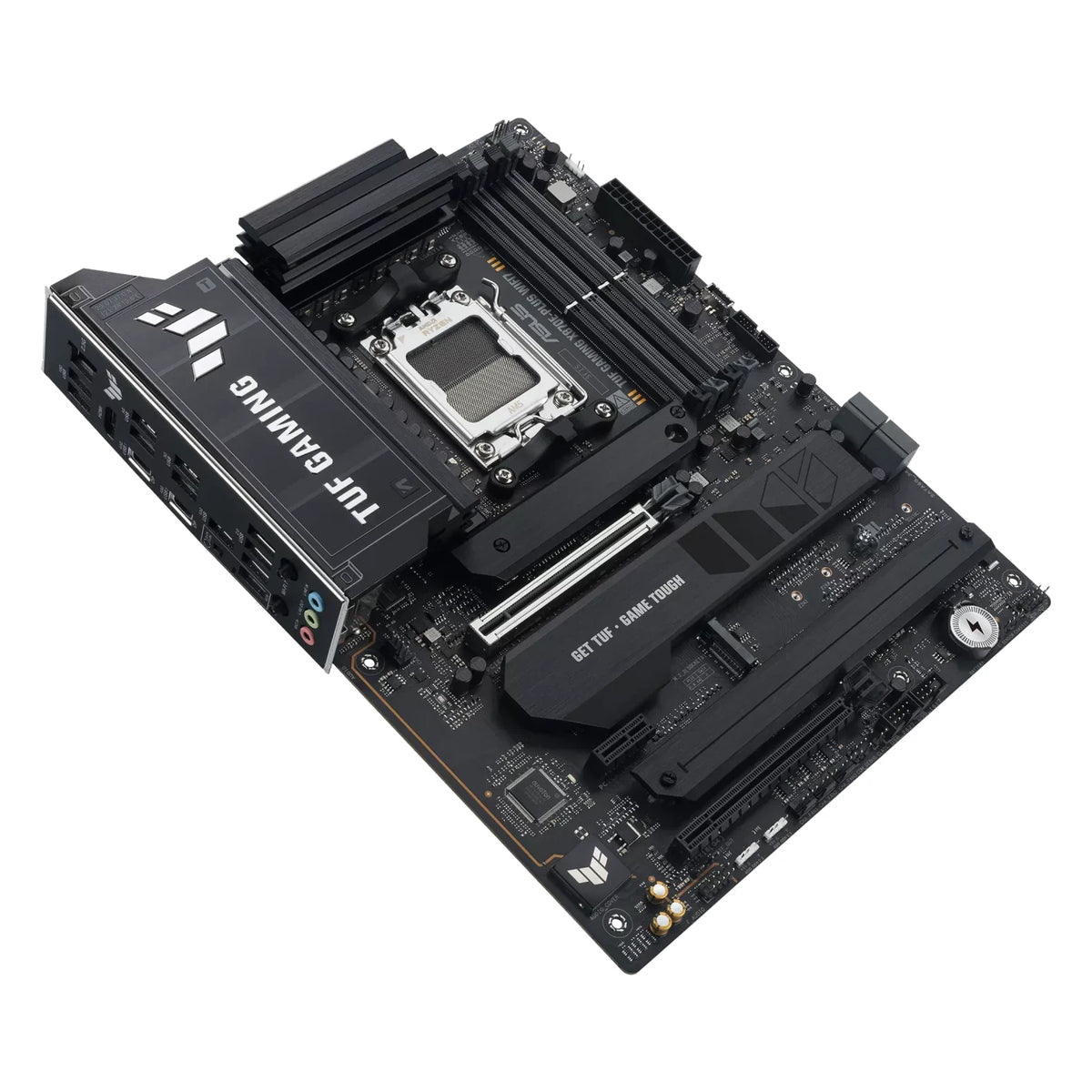 ASUS TUF GAMING X870E-PLUS WIFI7 — vue produit 4 sur fond blanc carré — réf. 90MB1M70-M0EAY0