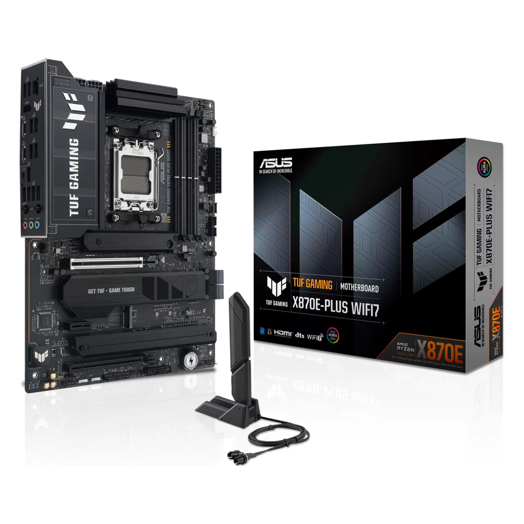 ASUS TUF GAMING X870E-PLUS WIFI7 — vue avec emballage sur fond blanc carré — réf. 90MB1M70-M0EAY0