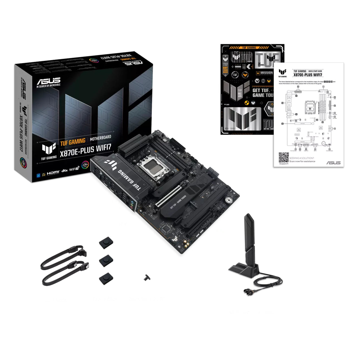 ASUS TUF GAMING X870E-PLUS WIFI7 — vue avec emballage sur fond blanc carré — réf. 90MB1M70-M0EAY0