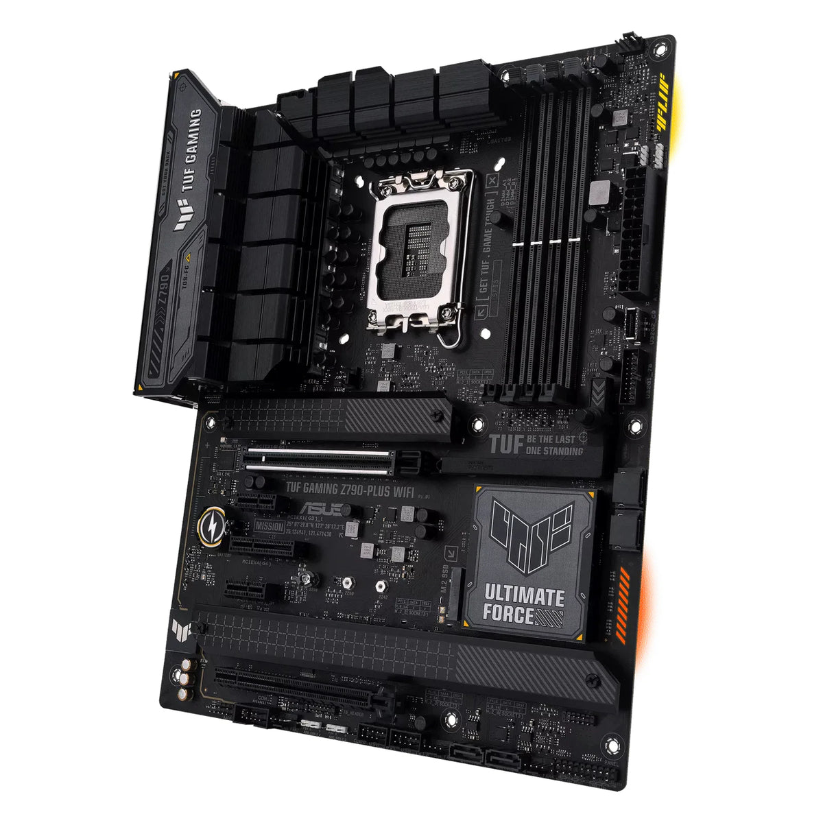 ASUS TUF GAMING Z790-PLUS WIFI — vue en perspective à 45 degrés sur fond blanc carré — réf. 90MB1D80-M1EAY0