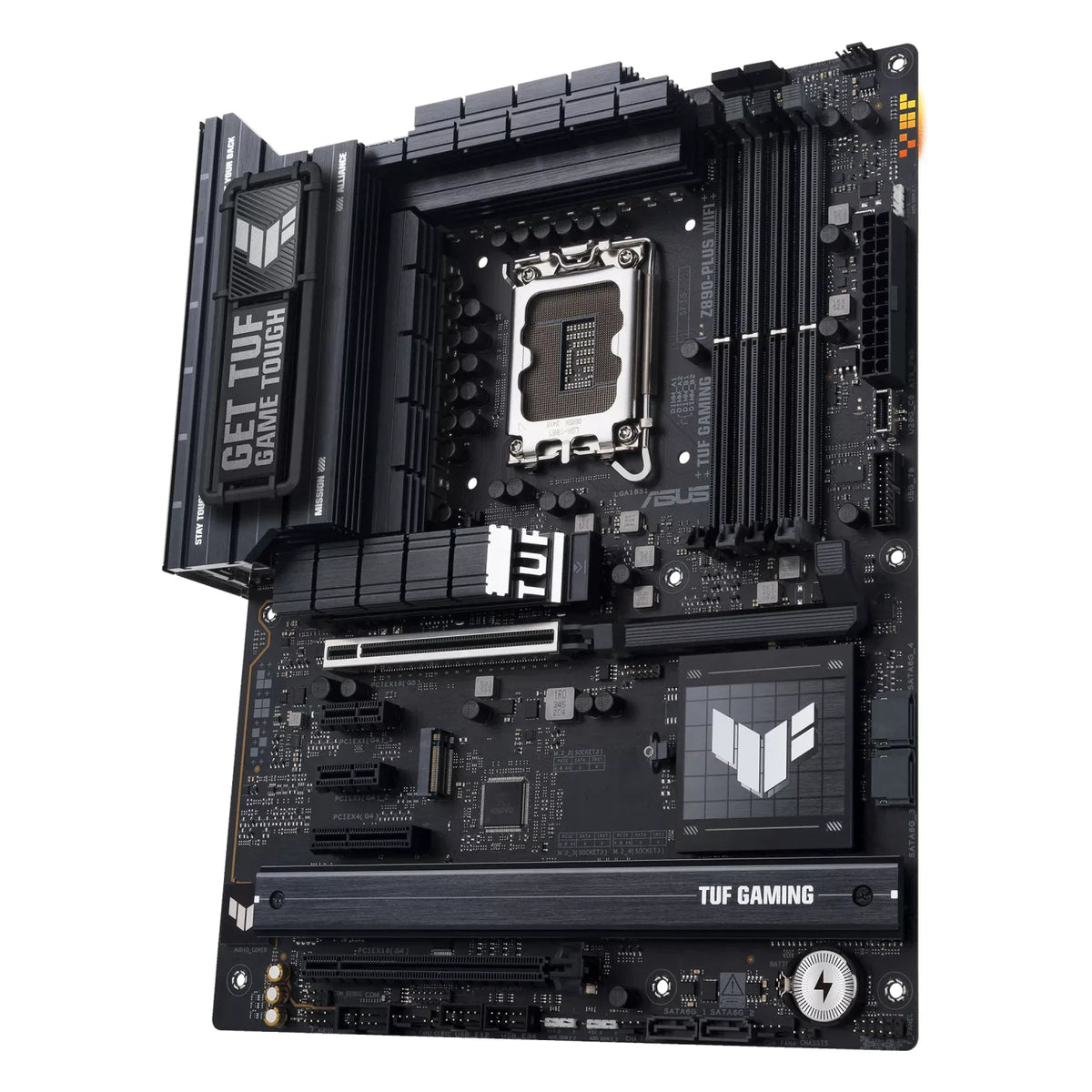 ASUS TUF GAMING Z890-PLUS WIFI — vue en perspective à 60 degrés sur fond blanc carré — réf. 90MB1IQ0-M0EAY0