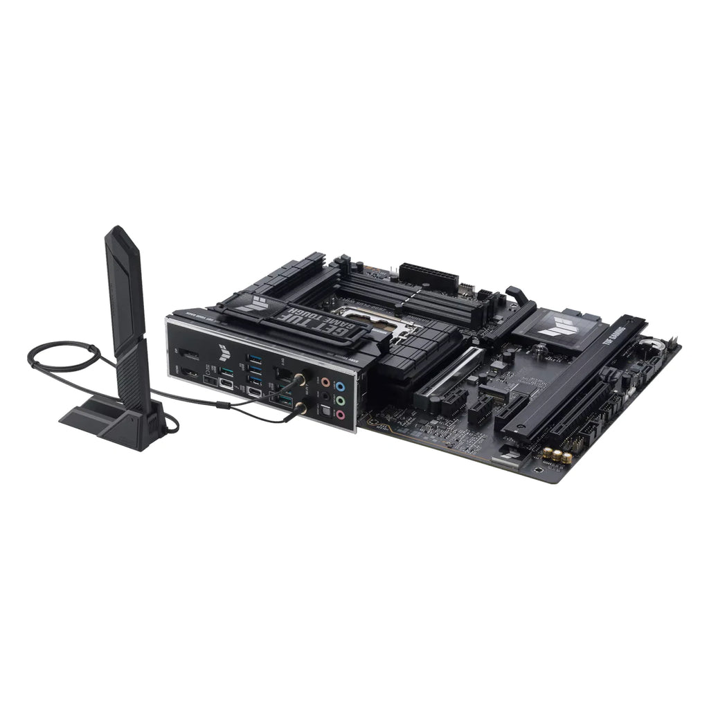 ASUS TUF GAMING Z890-PLUS WIFI — vue avec antenne Wi-Fi sur fond blanc carré — réf. 90MB1IQ0-M0EAY0