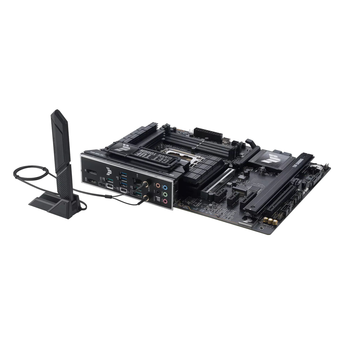 ASUS TUF GAMING Z890-PLUS WIFI — vue avec antenne Wi-Fi sur fond blanc carré — réf. 90MB1IQ0-M0EAY0