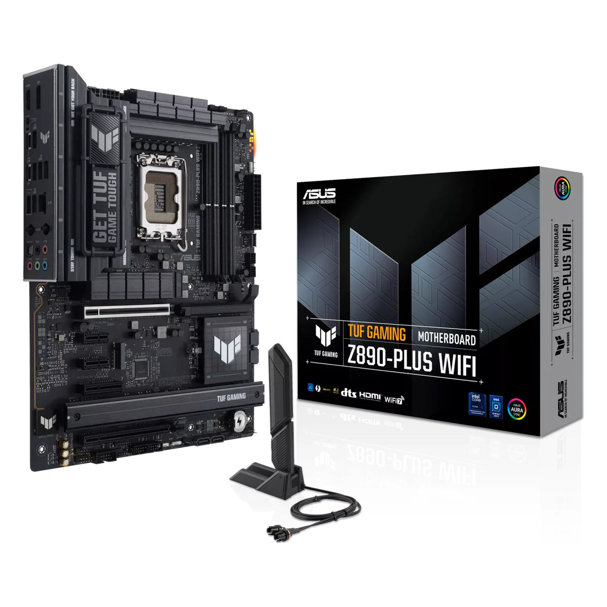 ASUS TUF GAMING Z890-PLUS WIFI — vue avec emballage sur fond blanc carré — réf. 90MB1IQ0-M0EAY0