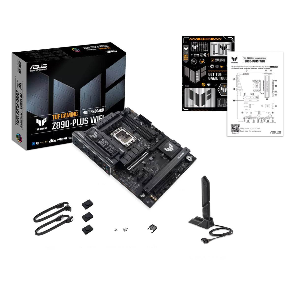 ASUS TUF GAMING Z890-PLUS WIFI — contenu de la boîte sur fond blanc carré — réf. 90MB1IQ0-M0EAY0