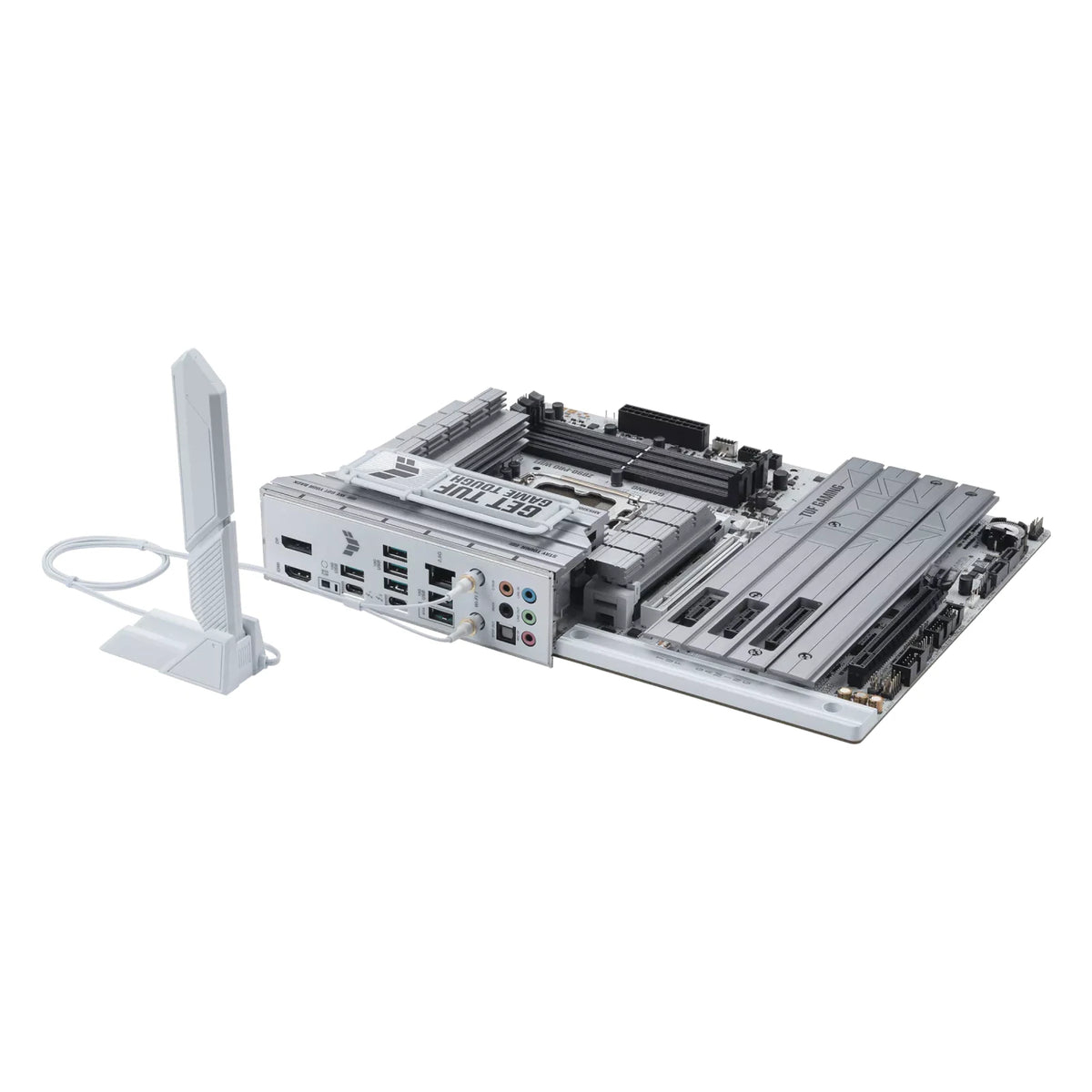 ASUS TUF GAMING Z890-PRO WIFI — vue avec antenne Wi-Fi sur fond blanc carré — réf. 90MB1IR0-M0EAY0