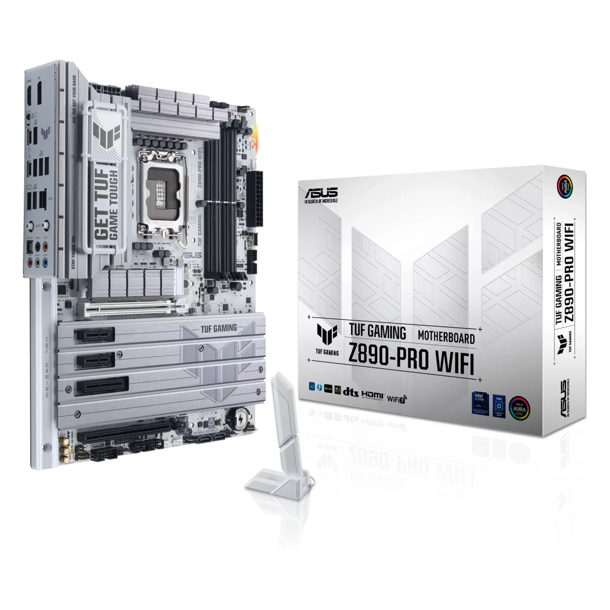 ASUS TUF GAMING Z890-PRO WIFI — vue avec emballage sur fond blanc carré — réf. 90MB1IR0-M0EAY0