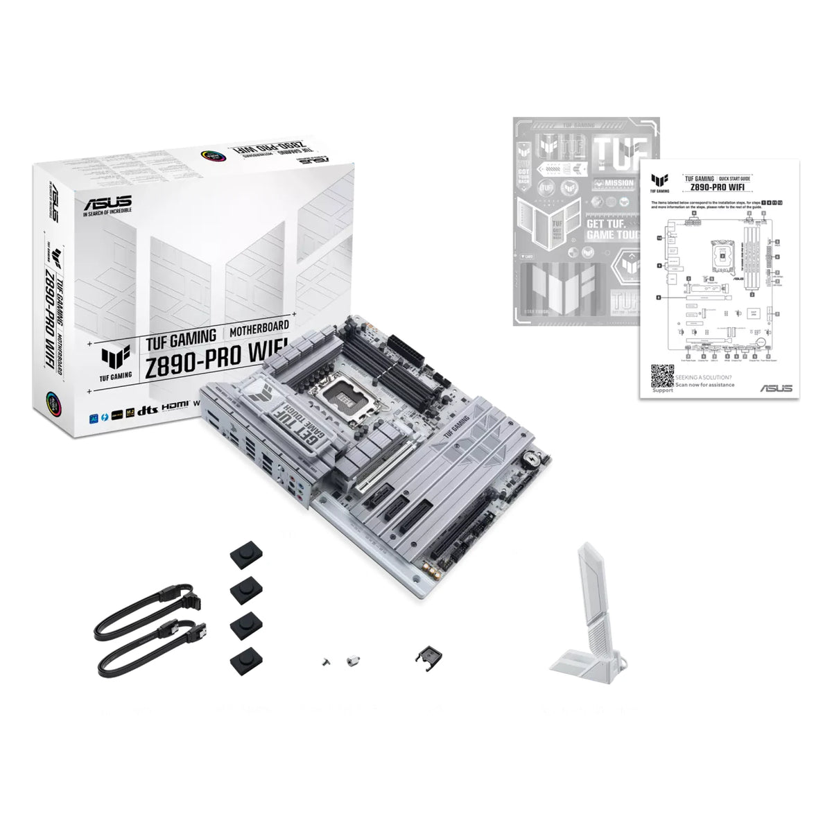 ASUS TUF GAMING Z890-PRO WIFI — contenu de la boîte sur fond blanc carré — réf. 90MB1IR0-M0EAY0
