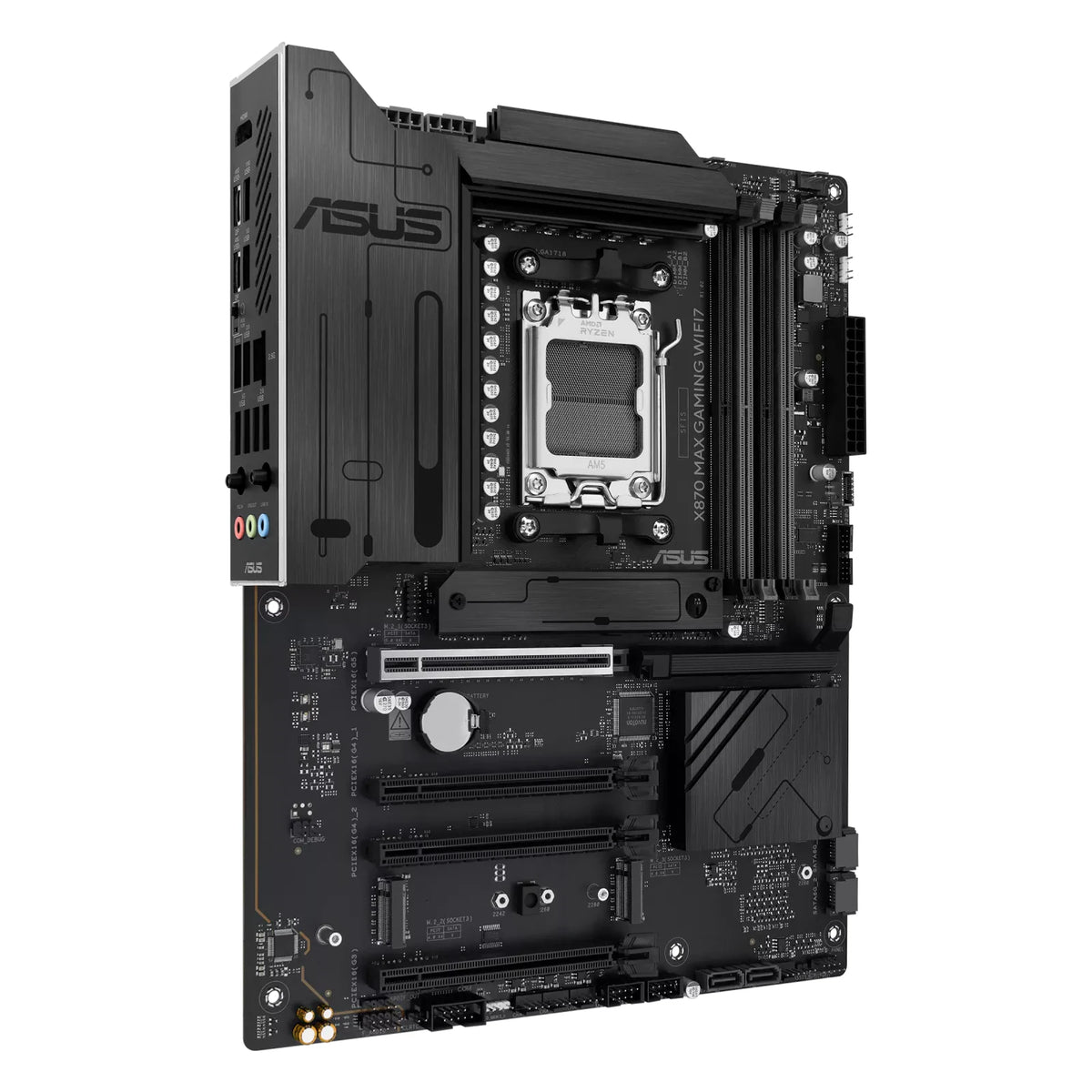 ASUS X870 MAX GAMING WIFI7 — vue en perspective à 45 degrés sur fond blanc carré — réf. 90MB1LY0-M0EAY0