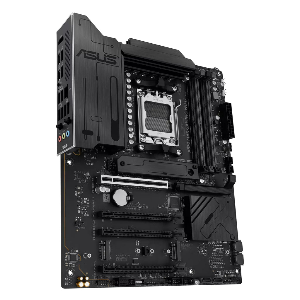 ASUS X870 MAX GAMING WIFI7 — vue en perspective à 60 degrés sur fond blanc carré — réf. 90MB1LY0-M0EAY0