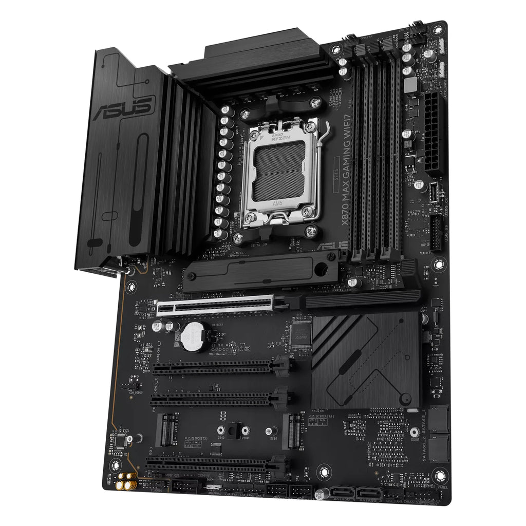 ASUS X870 MAX GAMING WIFI7 — vue en perspective à 60 degrés sur fond blanc carré — réf. 90MB1LY0-M0EAY0