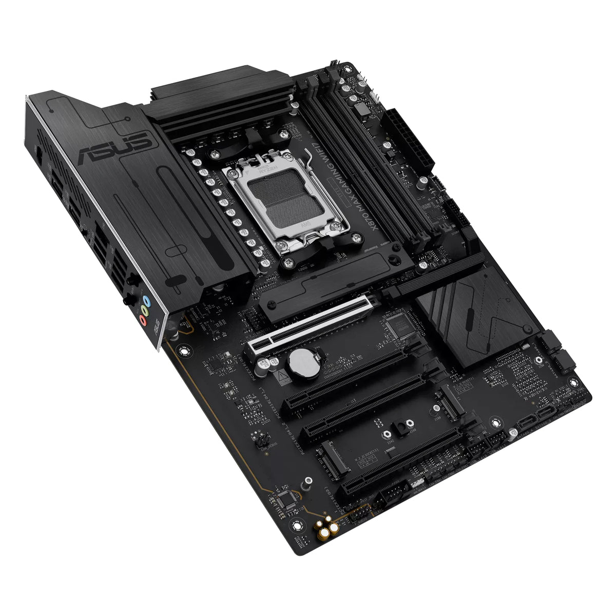 ASUS X870 MAX GAMING WIFI7 — vue en perspective à 45 degrés sur fond blanc carré — réf. 90MB1LY0-M0EAY0