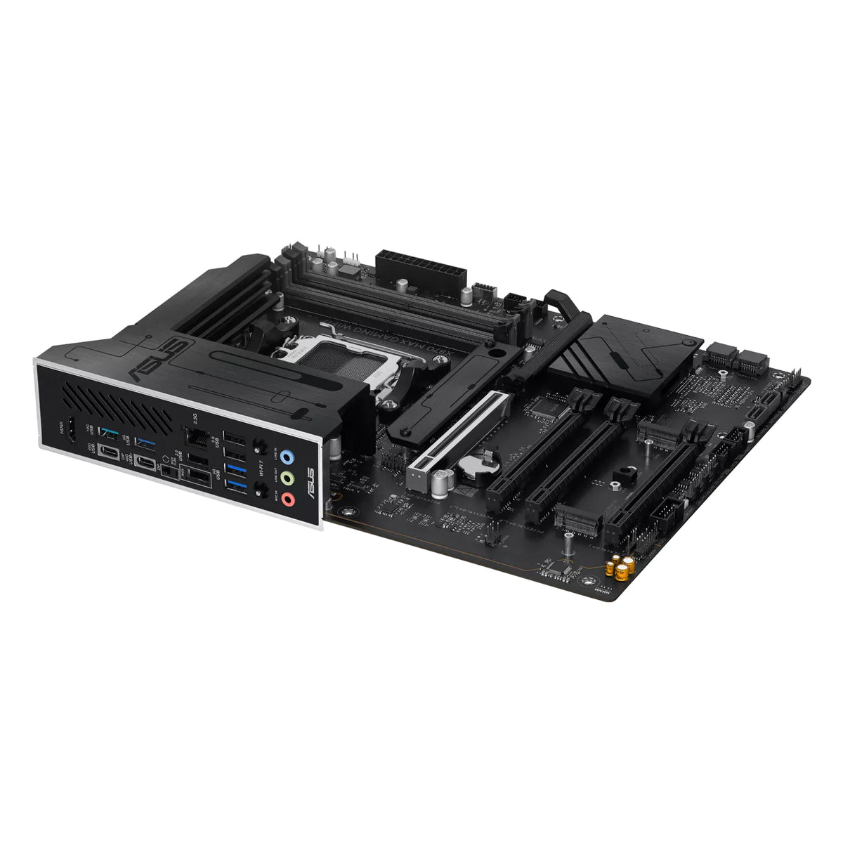 ASUS X870 MAX GAMING WIFI7 — connectique arrière sur fond blanc carré — réf. 90MB1LY0-M0EAY0