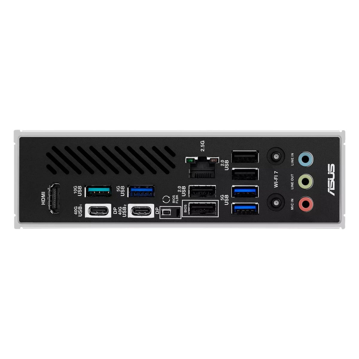 ASUS X870 MAX GAMING WIFI7 — connectique arrière sur fond blanc carré — réf. 90MB1LY0-M0EAY0