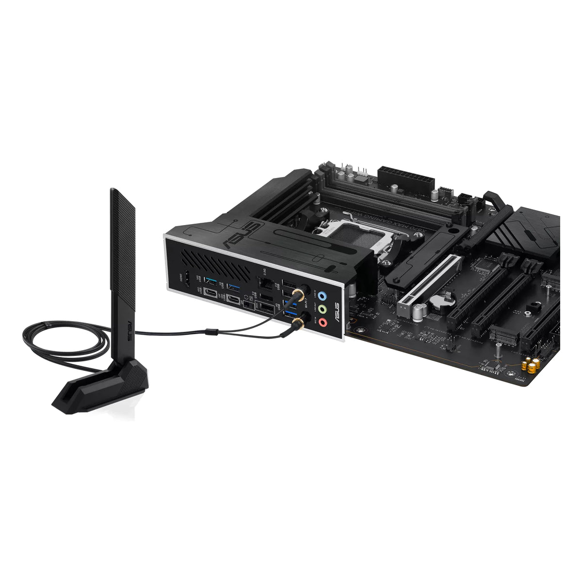 ASUS X870 MAX GAMING WIFI7 — vue produit 8 sur fond blanc carré — réf. 90MB1LY0-M0EAY0