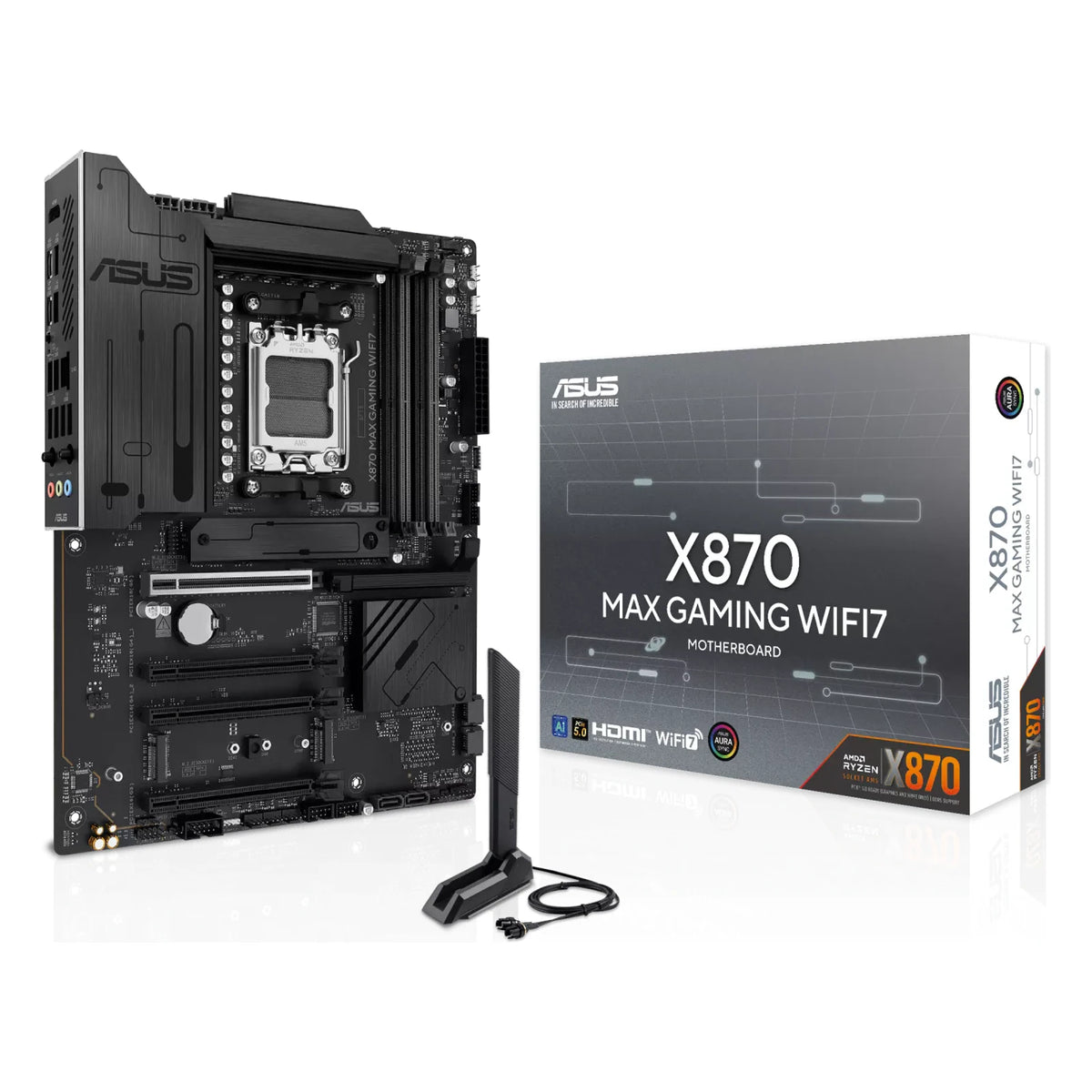 ASUS X870 MAX GAMING WIFI7 — vue avec emballage sur fond blanc carré — réf. 90MB1LY0-M0EAY0