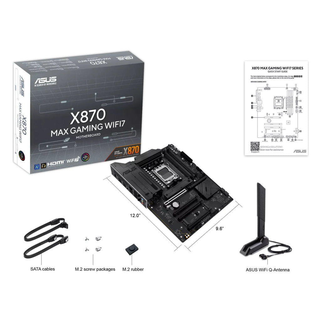 ASUS X870 MAX GAMING WIFI7 — contenu de la boîte sur fond blanc carré — réf. 90MB1LY0-M0EAY0