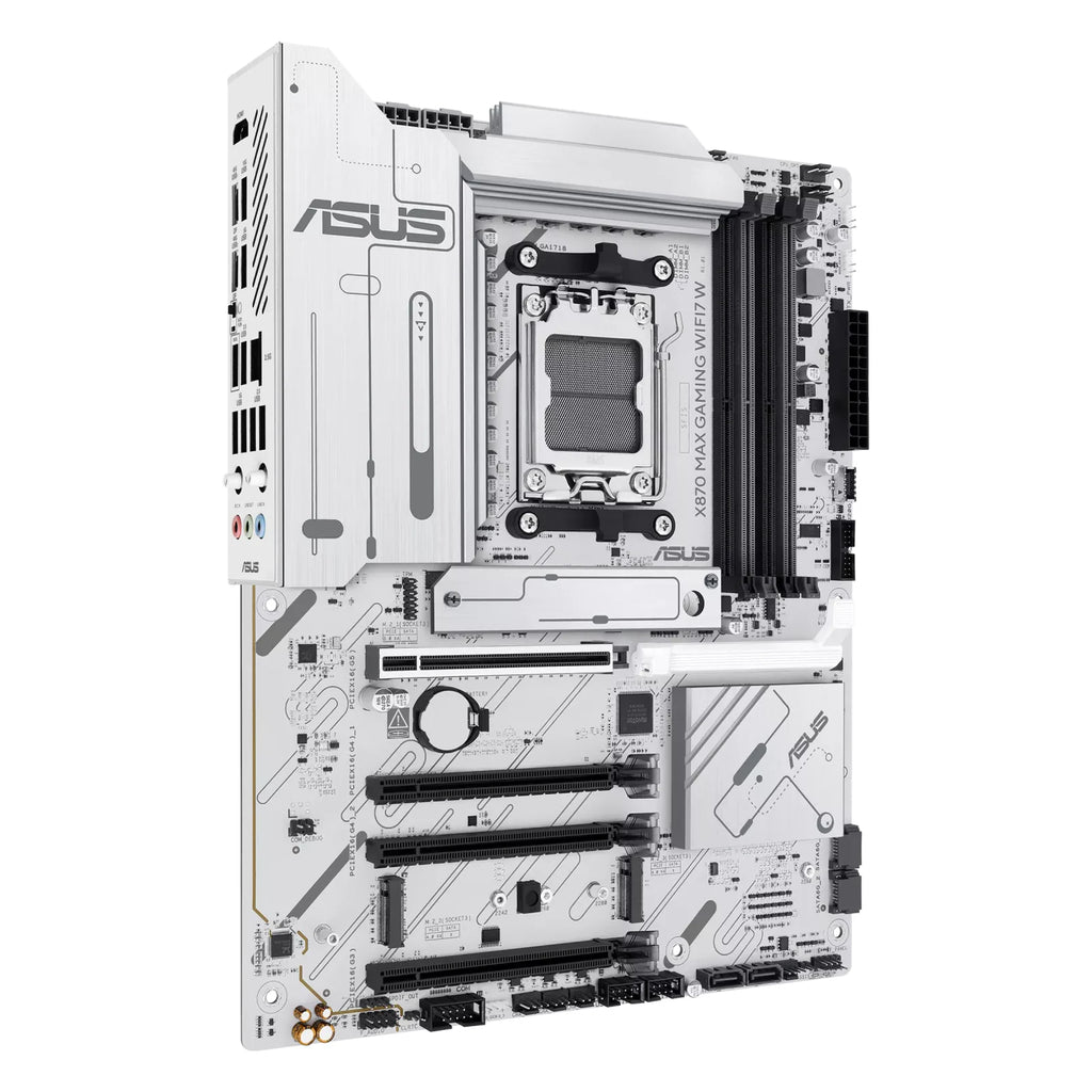 ASUS X870 MAX GAMING WIFI7 W — vue en perspective à 45 degrés sur fond blanc carré — réf. 90MB1LZ0-M0EAY0