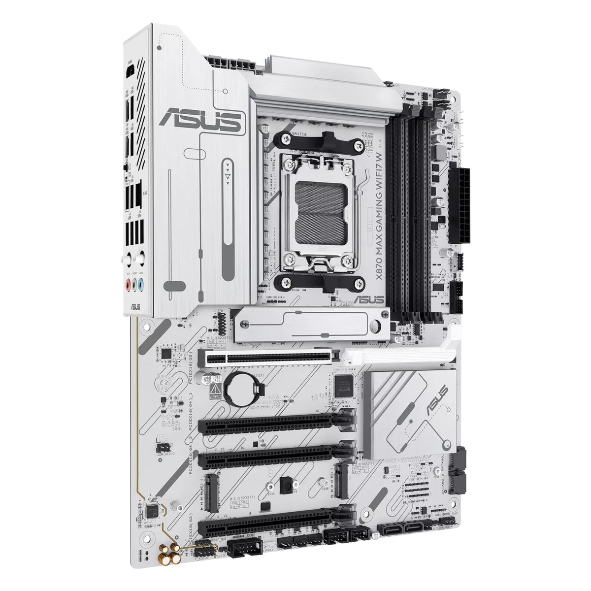 ASUS X870 MAX GAMING WIFI7 W — vue en perspective à 45 degrés sur fond blanc carré — réf. 90MB1LZ0-M0EAY0