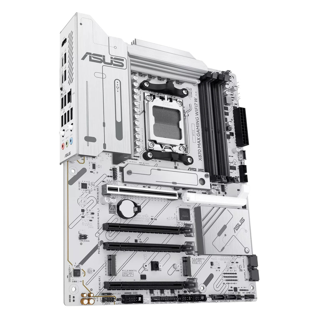 ASUS X870 MAX GAMING WIFI7 W — vue en perspective à 60 degrés sur fond blanc carré — réf. 90MB1LZ0-M0EAY0