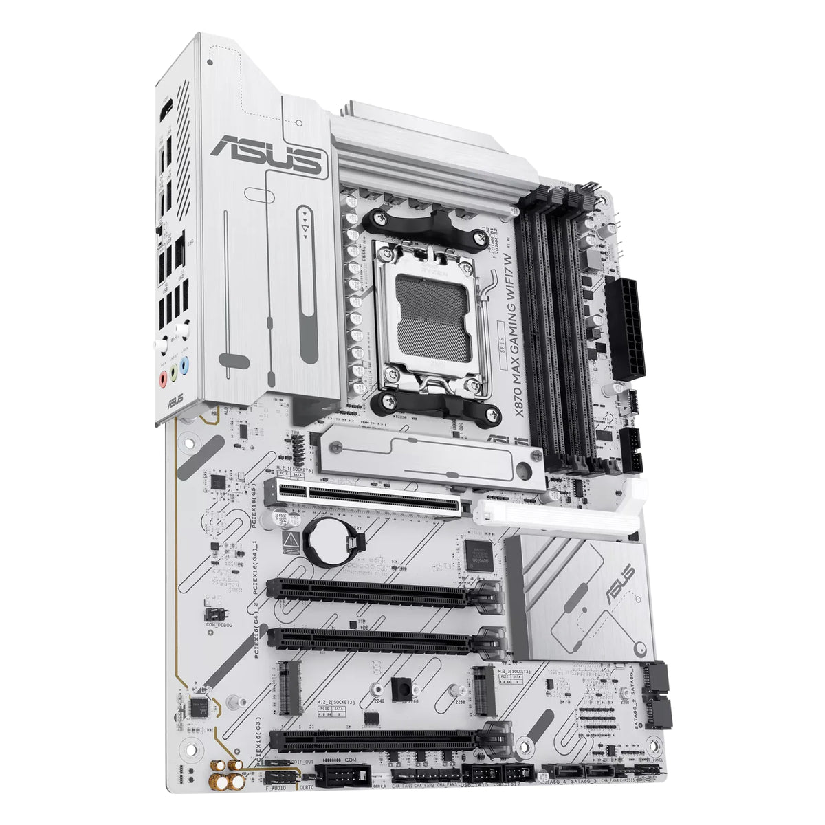 ASUS X870 MAX GAMING WIFI7 W — vue en perspective à 60 degrés sur fond blanc carré — réf. 90MB1LZ0-M0EAY0