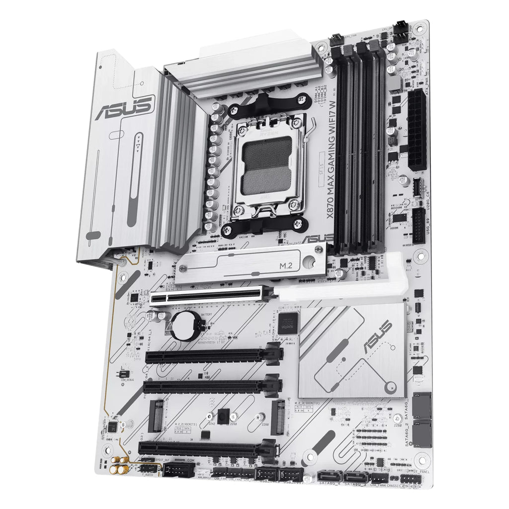 ASUS X870 MAX GAMING WIFI7 W — vue en perspective à 60 degrés sur fond blanc carré — réf. 90MB1LZ0-M0EAY0