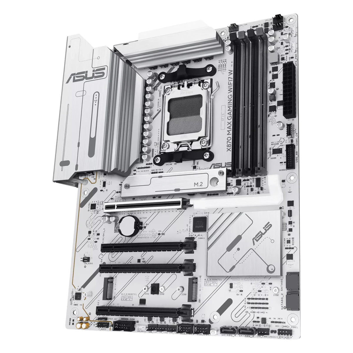 ASUS X870 MAX GAMING WIFI7 W — vue en perspective à 60 degrés sur fond blanc carré — réf. 90MB1LZ0-M0EAY0