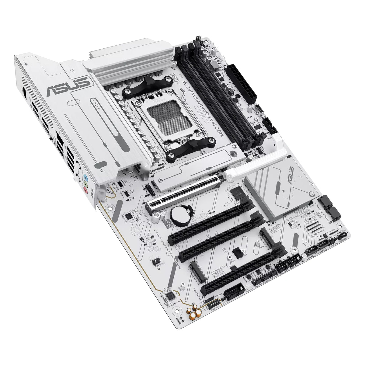 ASUS X870 MAX GAMING WIFI7 W — vue en perspective à 45 degrés sur fond blanc carré — réf. 90MB1LZ0-M0EAY0