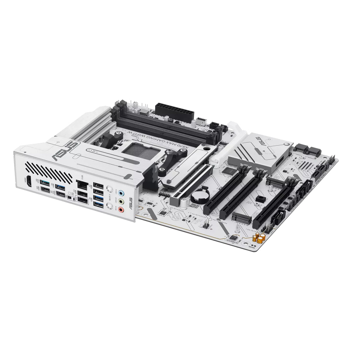 ASUS X870 MAX GAMING WIFI7 W — connectique arrière sur fond blanc carré — réf. 90MB1LZ0-M0EAY0