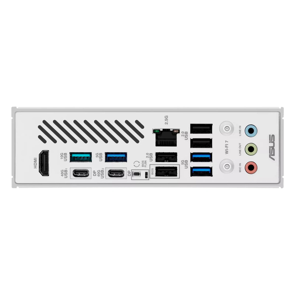 ASUS X870 MAX GAMING WIFI7 W — connectique arrière sur fond blanc carré — réf. 90MB1LZ0-M0EAY0