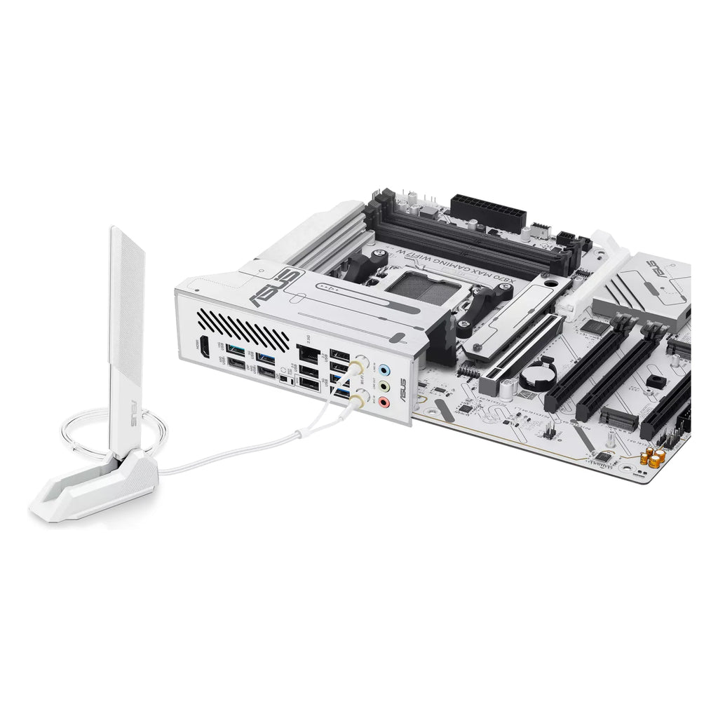 ASUS X870 MAX GAMING WIFI7 W — vue produit 8 sur fond blanc carré — réf. 90MB1LZ0-M0EAY0