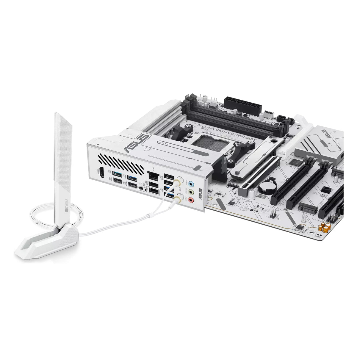 ASUS X870 MAX GAMING WIFI7 W — vue produit 8 sur fond blanc carré — réf. 90MB1LZ0-M0EAY0