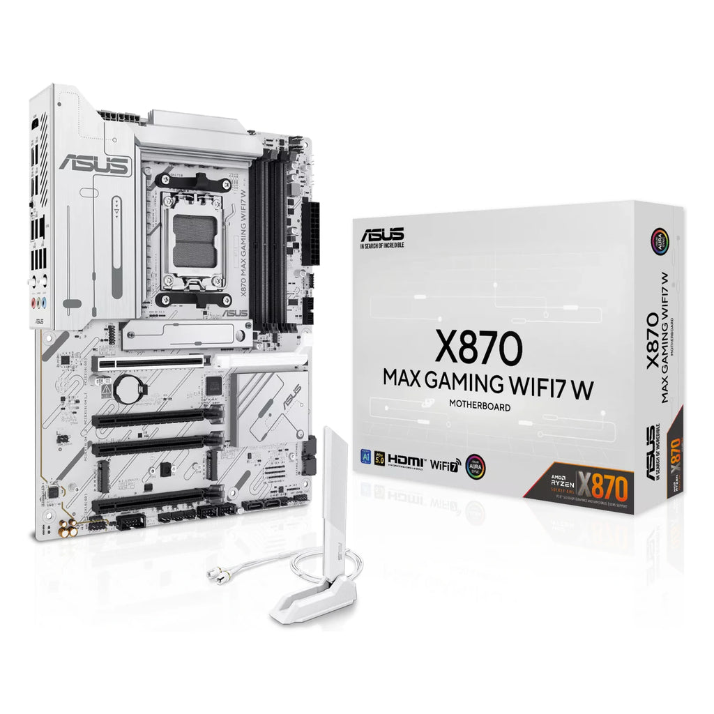 ASUS X870 MAX GAMING WIFI7 W — vue avec emballage sur fond blanc carré — réf. 90MB1LZ0-M0EAY0