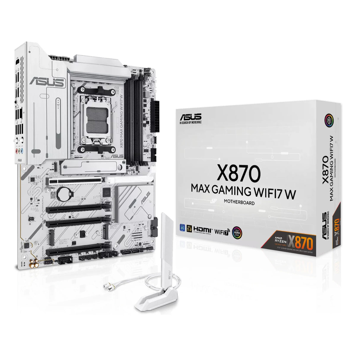 ASUS X870 MAX GAMING WIFI7 W — vue avec emballage sur fond blanc carré — réf. 90MB1LZ0-M0EAY0