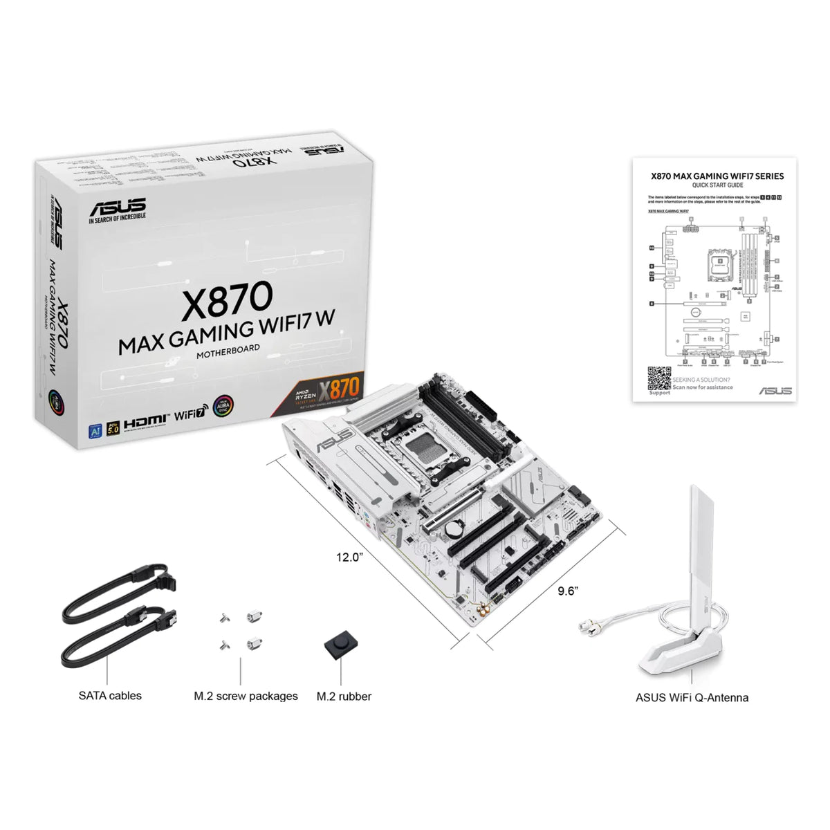 ASUS X870 MAX GAMING WIFI7 W — contenu de la boîte sur fond blanc carré — réf. 90MB1LZ0-M0EAY0