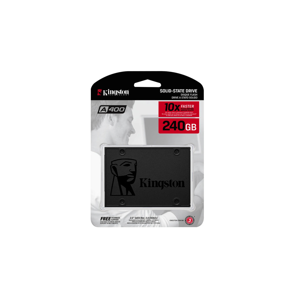 Kingston A400 240 Go — vue de l’emballage 1 du SSD sur fond blanc carré — réf. SA400S37/240G